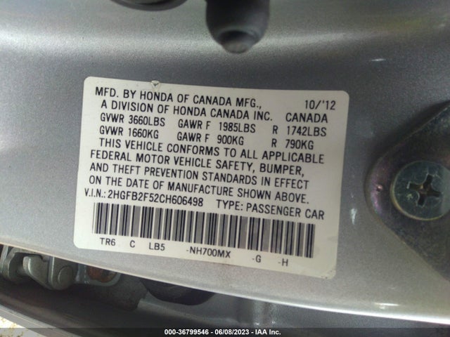 2012 HONDA CIVIC SDN LX VIN: 2HGFB2F52CH606498