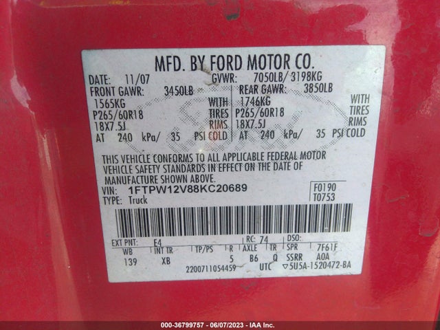 2008 FORD F-150 XLT/LARIAT VIN: 1FTPW12V88KC20689