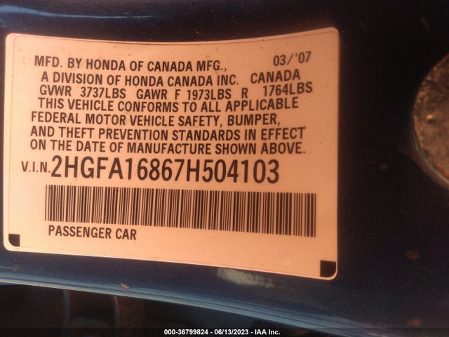 2007 HONDA CIVIC SDN EX VIN: 2HGFA16867H504103