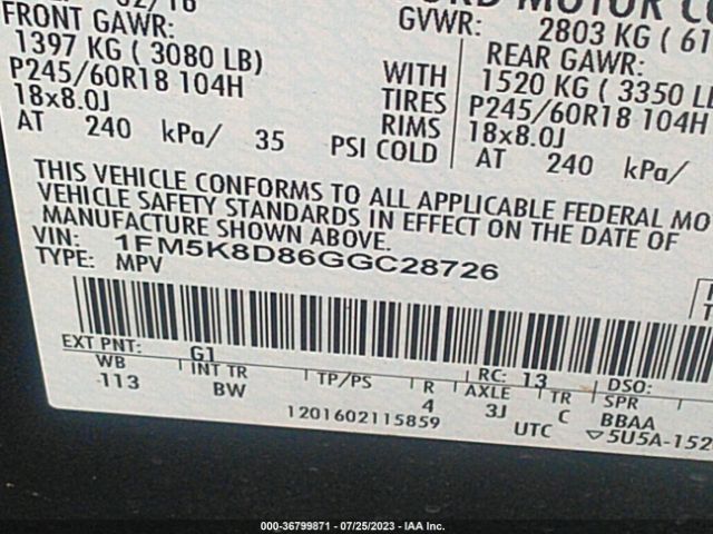 1FM5K8D86GGC28726 Ford EXPLORER XLT