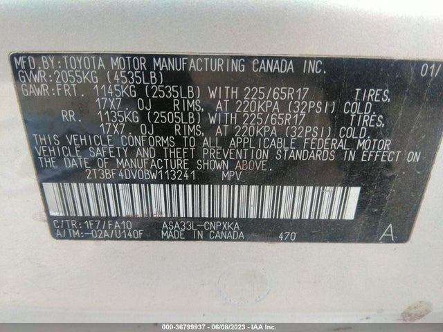 2011 TOYOTA RAV4 VIN: 2T3BF4DV0BW113241