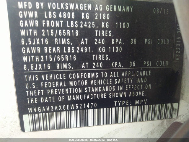 WVGAV3AX6EW521470 Volkswagen TIGUAN S