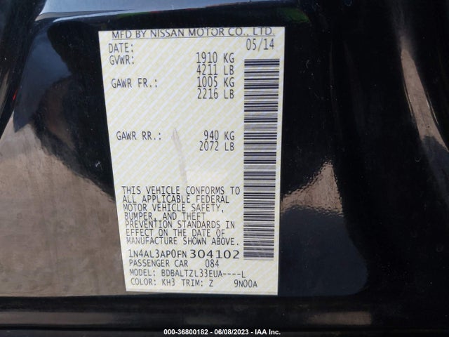 Nissan Altima 2.5 Sl 2015 1N4AL3AP0FN304102 Image 9
