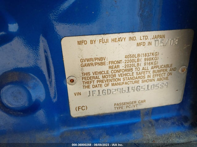 2004 SUBARU IMPREZA SEDAN WRX VIN: JF1GD29614G510589