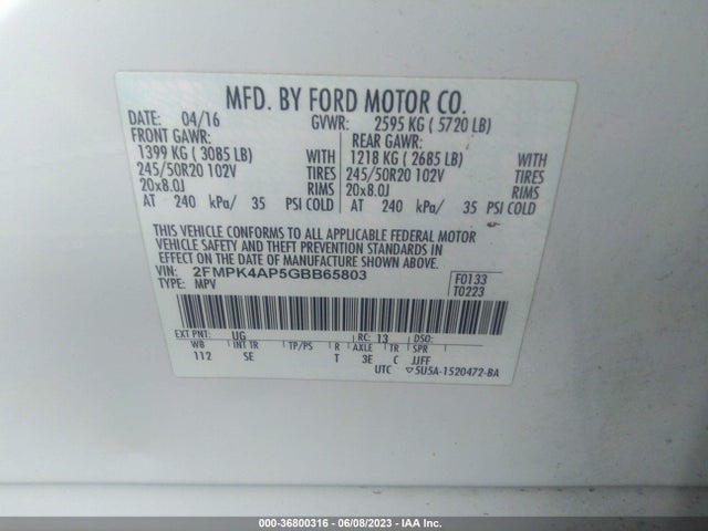 2016 FORD EDGE SPORT VIN: 2FMPK4AP5GBB65803