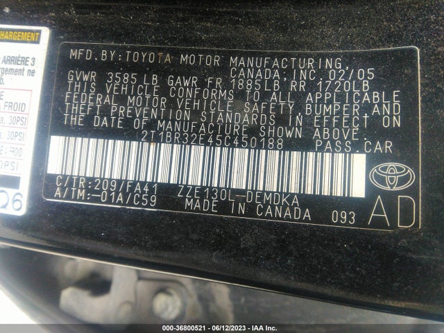 2005 TOYOTA COROLLA CE/S/LE VIN: 2T1BR32E45C450188