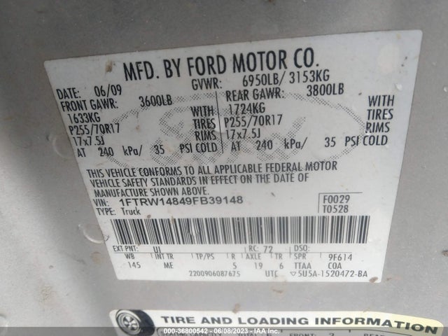 2009 FORD F-150 XL/XLT VIN: 1FTRW14849FB39148