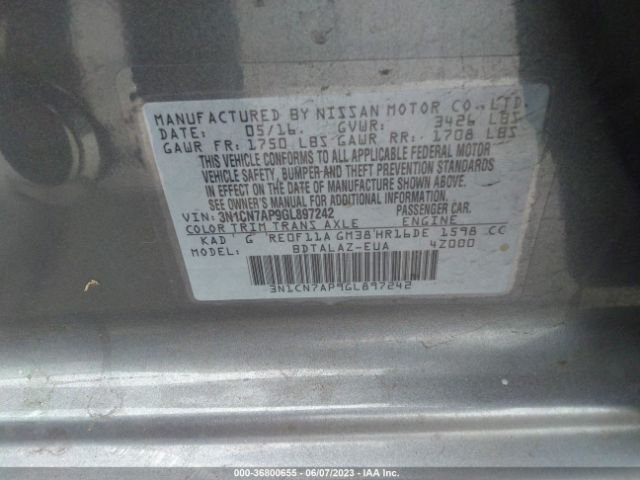 3N1CN7AP9GL897242 Nissan Versa S Plus