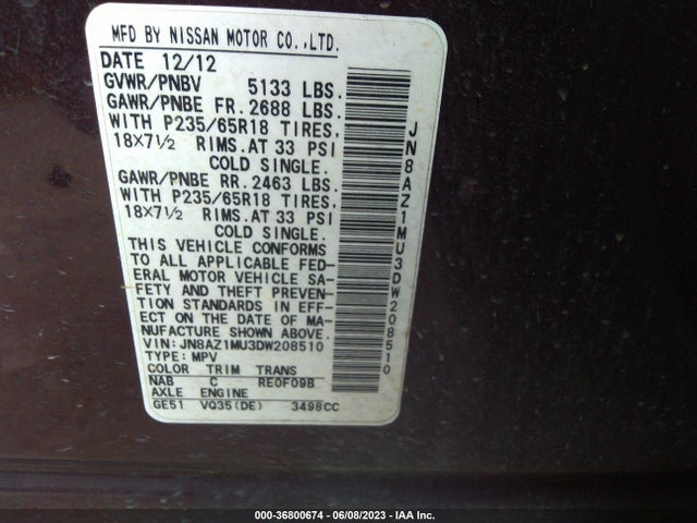 2013 NISSAN MURANO SL VIN: JN8AZ1MU3DW208510