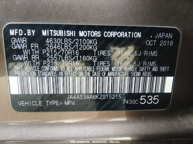 2019 MITSUBISHI ECLIPSE CROSS ES VIN: JA4AS3AA6KZ015215