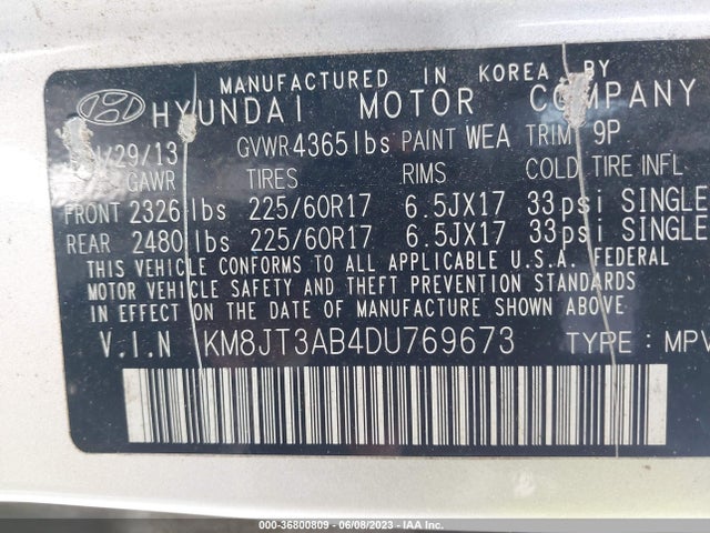 2013 HYUNDAI TUCSON GL VIN: KM8JT3AB4DU769673