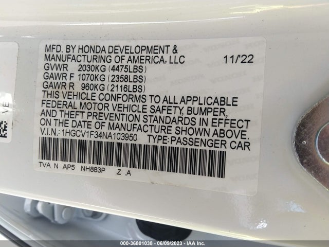 36801038 :رقم المزاد ، 1HGCV1F34NA103950 vin ، 2022 Honda Accord Sedan Sport مزاد بيع
