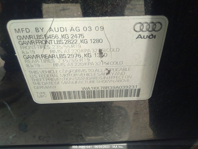 2009 AUDI Q5 PREMIUM PLUS VIN: WA1KK78R39A039231