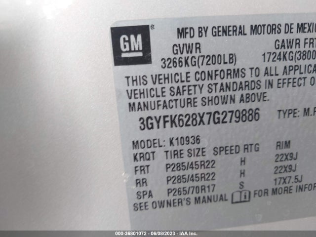 2007 CADILLAC ESCALADE EXT VIN: 3GYFK628X7G279886