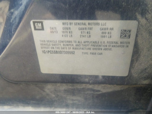 2013 CHEVROLET CRUZE 1LT VIN: 1G1PC5SB0D7309992