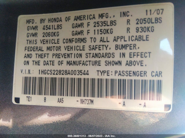 2008 HONDA ACCORD CPE EX-L VIN: 1HGCS22828A003544