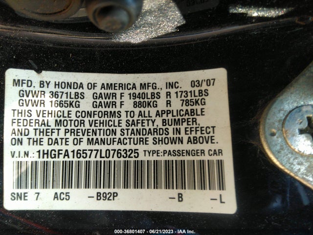 2007 HONDA CIVIC SDN LX VIN: 1HGFA16577L076325
