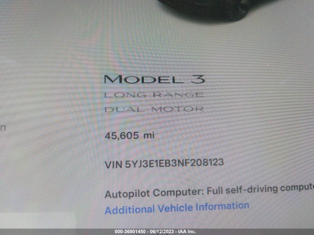 5YJ3E1EB3NF208123 Tesla Model 3 Long Range
