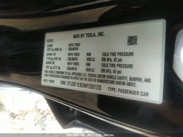 5YJ3E1EB3NF208123 Tesla Model 3 Long Range