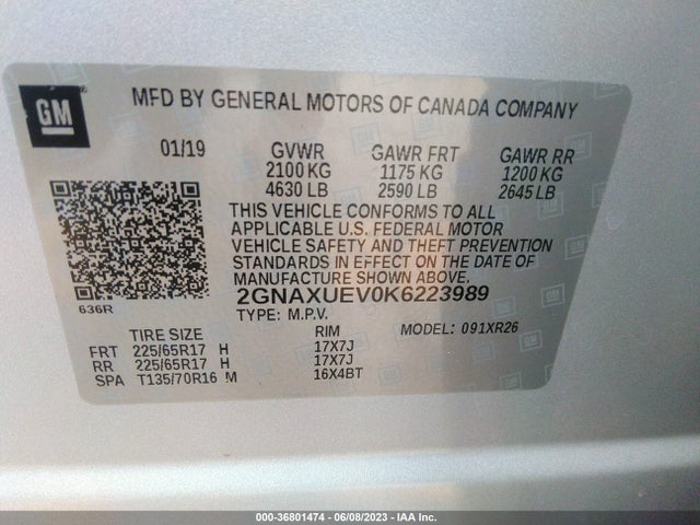 2019 CHEVROLET EQUINOX LT VIN: 2GNAXUEV0K6223989