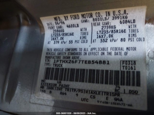 1996 FORD F250 VIN: 1FTHX26F7TEB54881