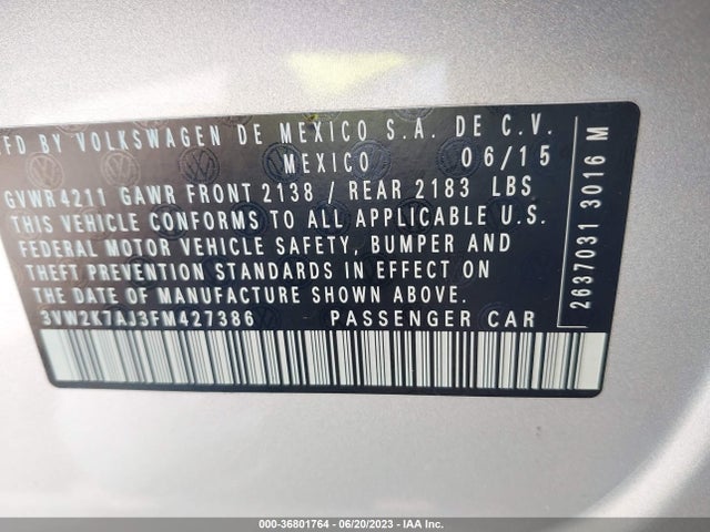 3VW2K7AJ3FM427386 Volkswagen Jetta Sedan 2.0l S