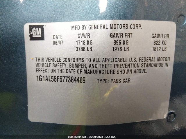 2007 CHEVROLET COBALT LT VIN: 1G1AL58F677384409