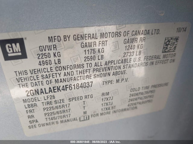 2015 CHEVROLET EQUINOX LS VIN: 2GNALAEK4F6184037