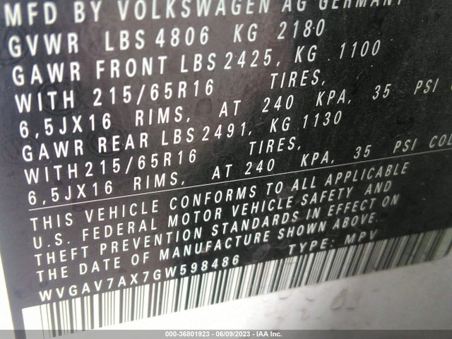 WVGAV7AX7GW598486 Volkswagen TIGUAN S