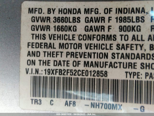 2012 HONDA CIVIC SDN LX VIN: 19XFB2F52CE012858