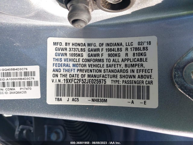 2018 HONDA CIVIC SEDAN LX VIN: 19XFC2F52JE025975
