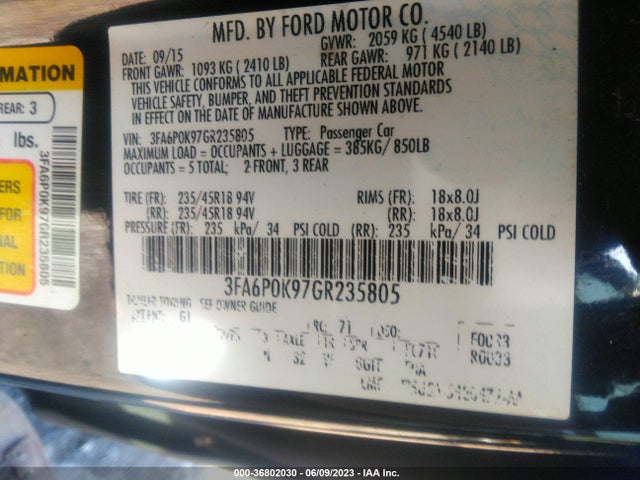 36802030 :رقم المزاد ، 3FA6P0K97GR235805 vin ، 2016 Ford Fusion Titanium مزاد بيع