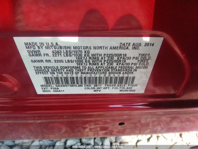 4A4AP3AU6FE004433 Mitsubishi Outlander Sport Es