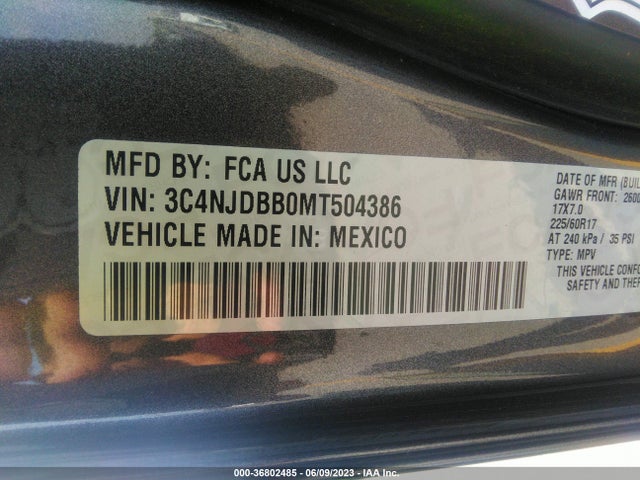 2021 JEEP COMPASS LATITUDE VIN: 3C4NJDBB0MT504386