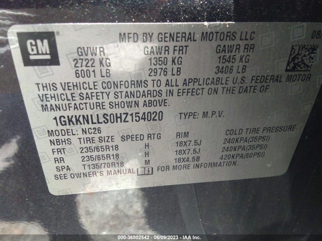 GMC ACADIA SLE 2017 1GKKNLLS0HZ154020 Image 9