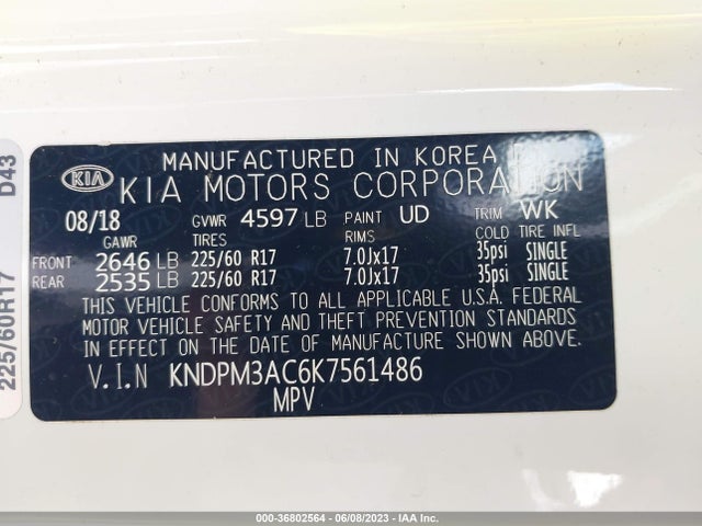 2019 KIA SPORTAGE LX VIN: KNDPM3AC6K7561486