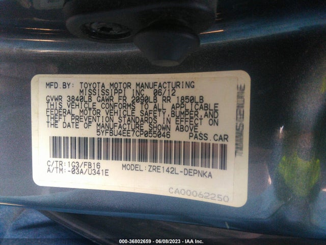 2012 TOYOTA COROLLA L/LE/S VIN: 5YFBU4EE7CP055046