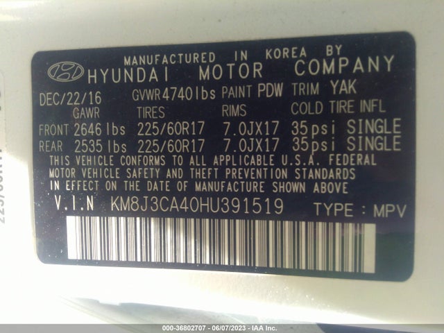 Hyundai TUCSON SE 2017 KM8J3CA40HU391519 Image 10