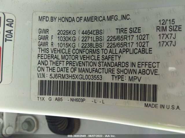 Honda CR-V EX 2016 5J6RM3H5XGL003553 Image 9