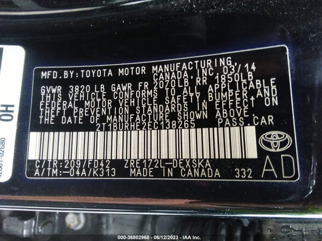 2014 TOYOTA COROLLA S VIN: 2T1BURHE2EC138265