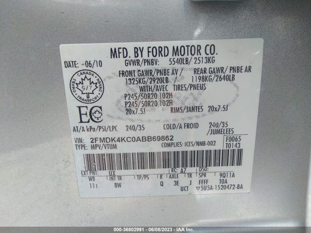 2010 FORD EDGE LIMITED VIN: 2FMDK4KC0ABB69862