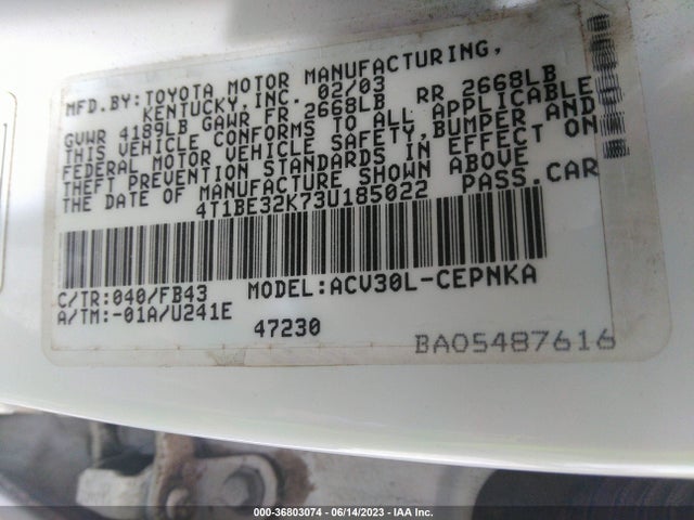 2003 TOYOTA CAMRY LE/SE/XLE VIN: 4T1BE32K73U185022