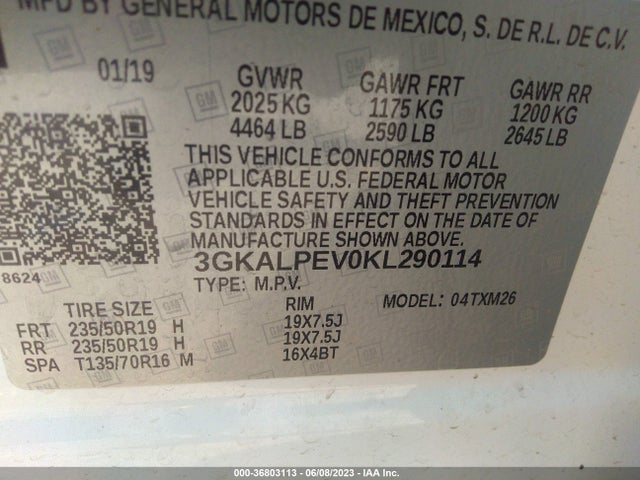 36803113 :رقم المزاد ، 3GKALPEV0KL290114 vin ، 2019 Gmc Terrain Slt مزاد بيع