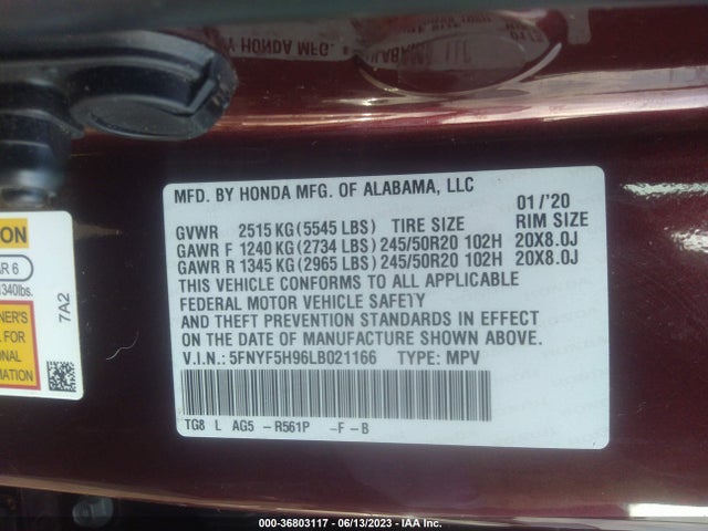 Honda Pilot Touring 8-passenger 2020 5FNYF5H96LB021166 Image 9
