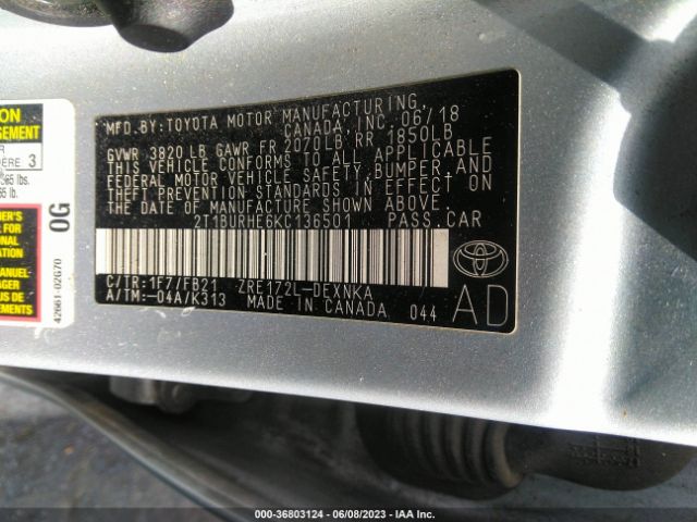 2T1BURHE6KC136501 Toyota COROLLA LE