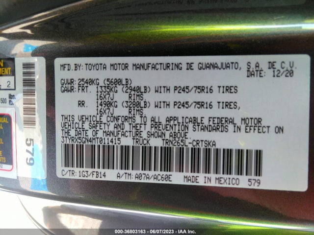 2021 TOYOTA TACOMA 2WD SR/SR5 VIN: 3TYRX5GN4MT011415