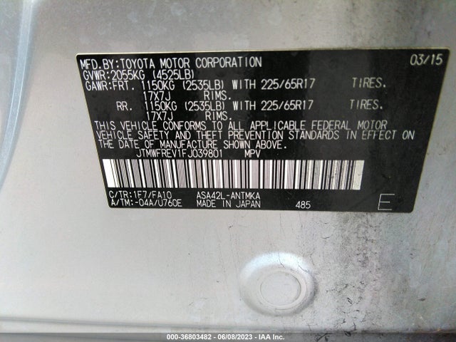 2015 TOYOTA RAV4 XLE VIN: JTMWFREV1FJ039801