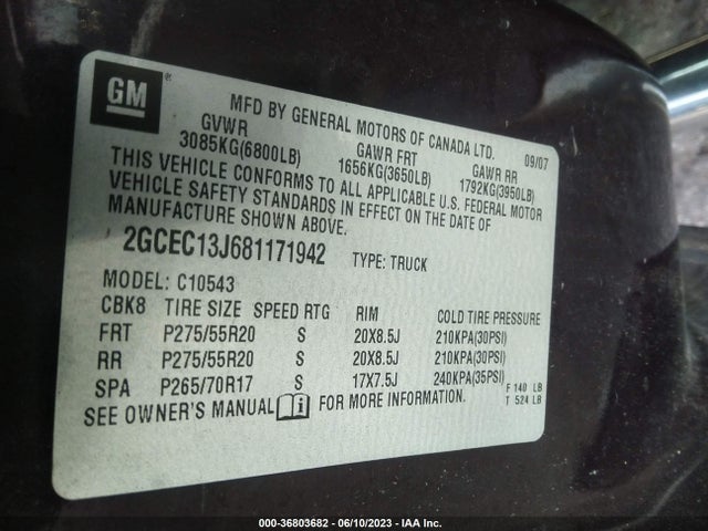 2008 CHEVROLET SILVERADO 1500 LT W/1LT VIN: 2GCEC13J681171942