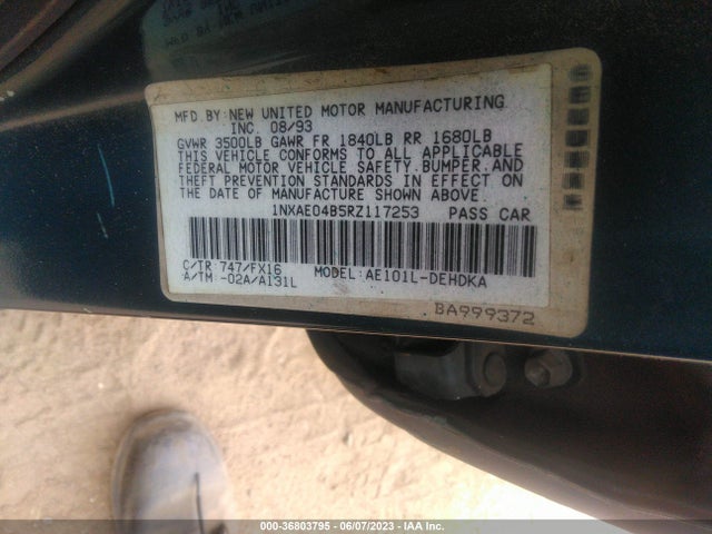 1994 TOYOTA COROLLA VIN: 1NXAE04B5RZ117253