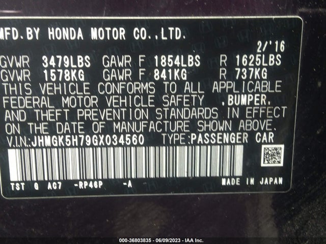 Honda FIT EX 2016 JHMGK5H79GX034560 Image 9